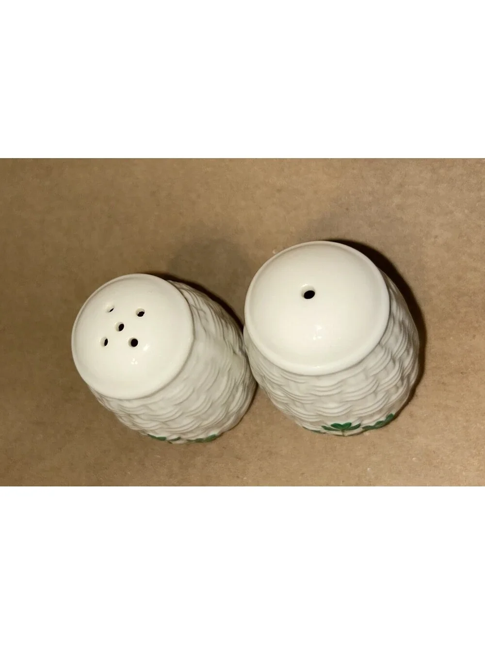 Belleek Ireland Vintage Porcelain Hand Painted Shamrock Salt & Pepper Shakers